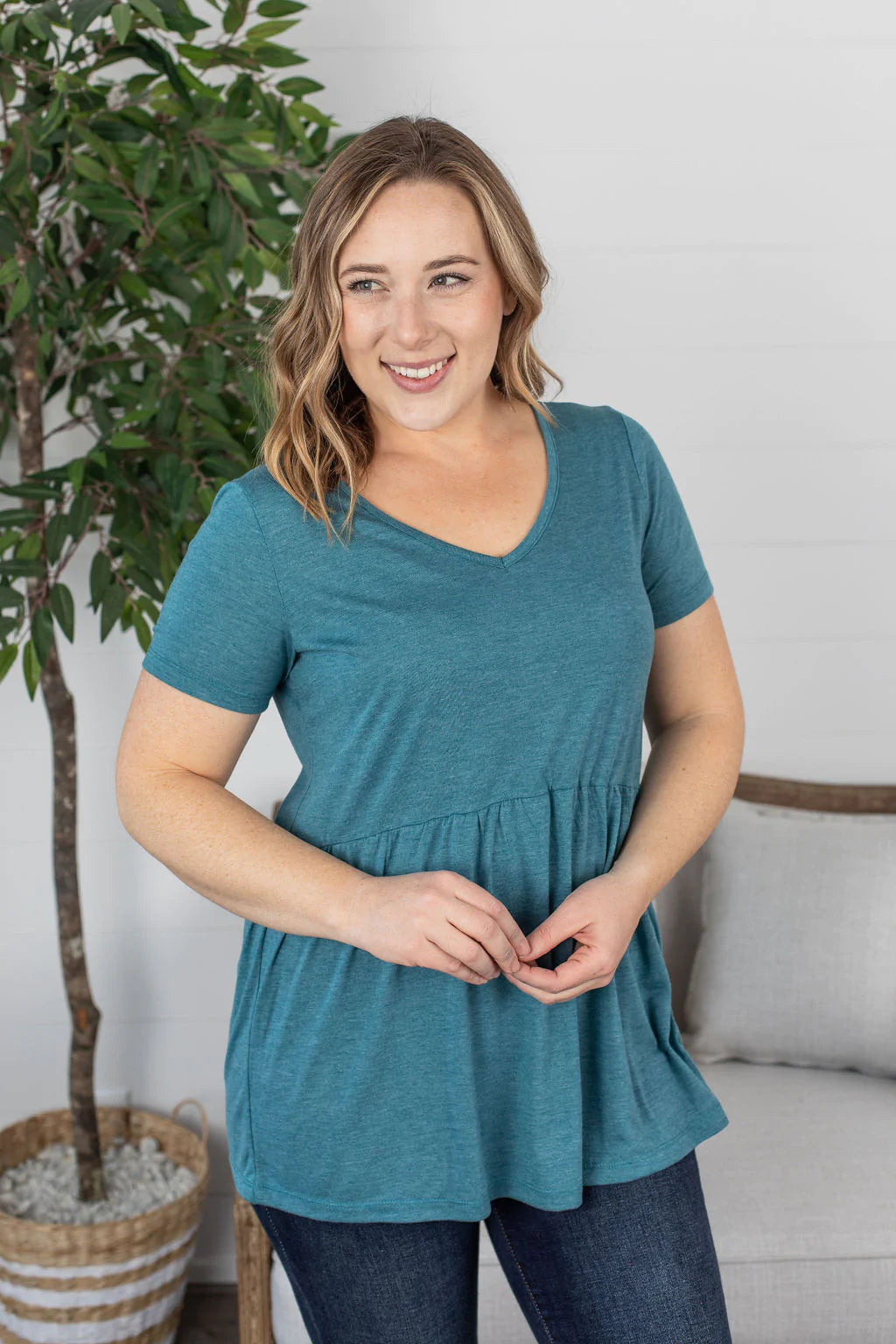 Sarah Ruffle Top in Heathered Teal