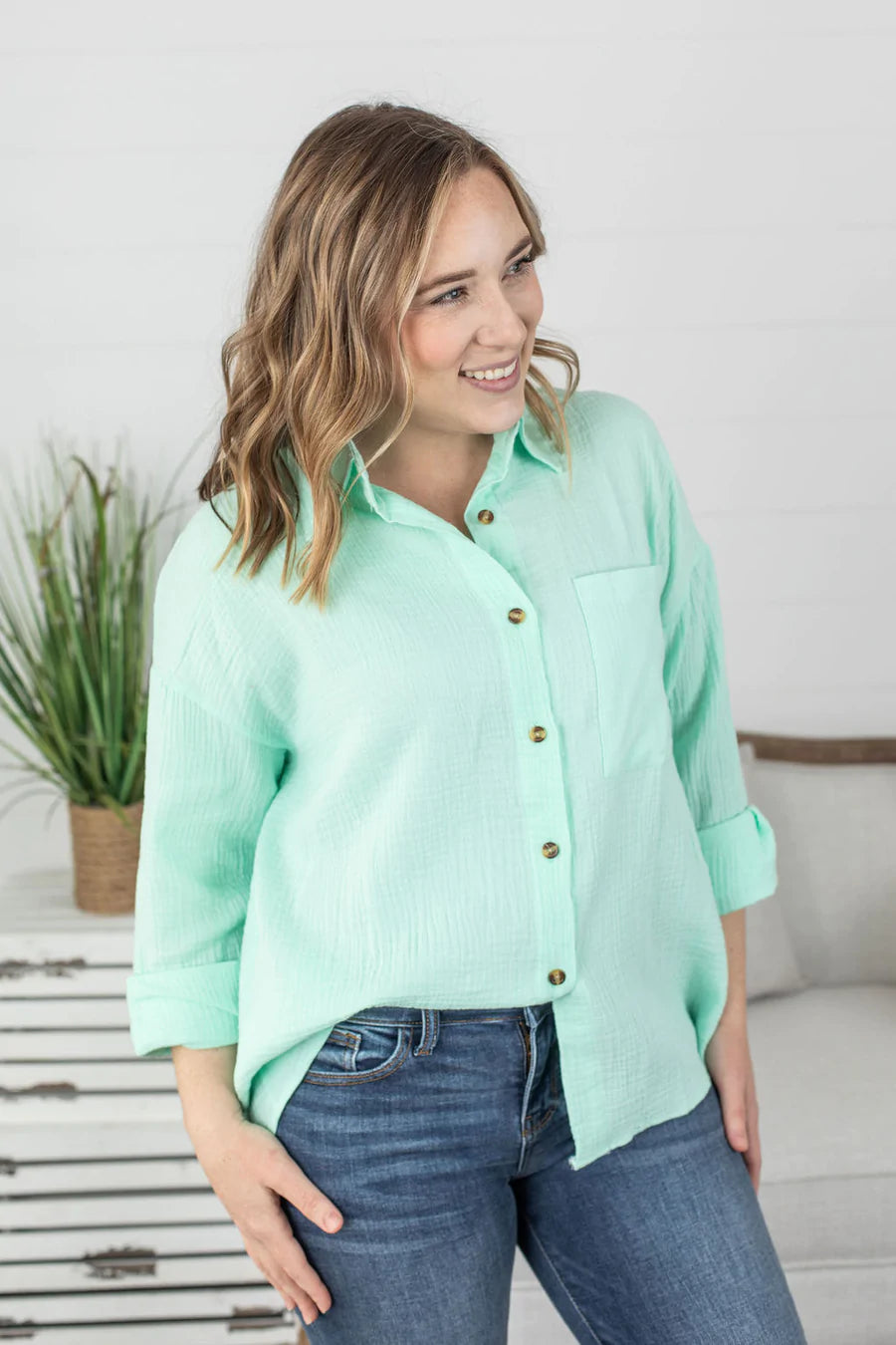 Marley Button Top in Mint