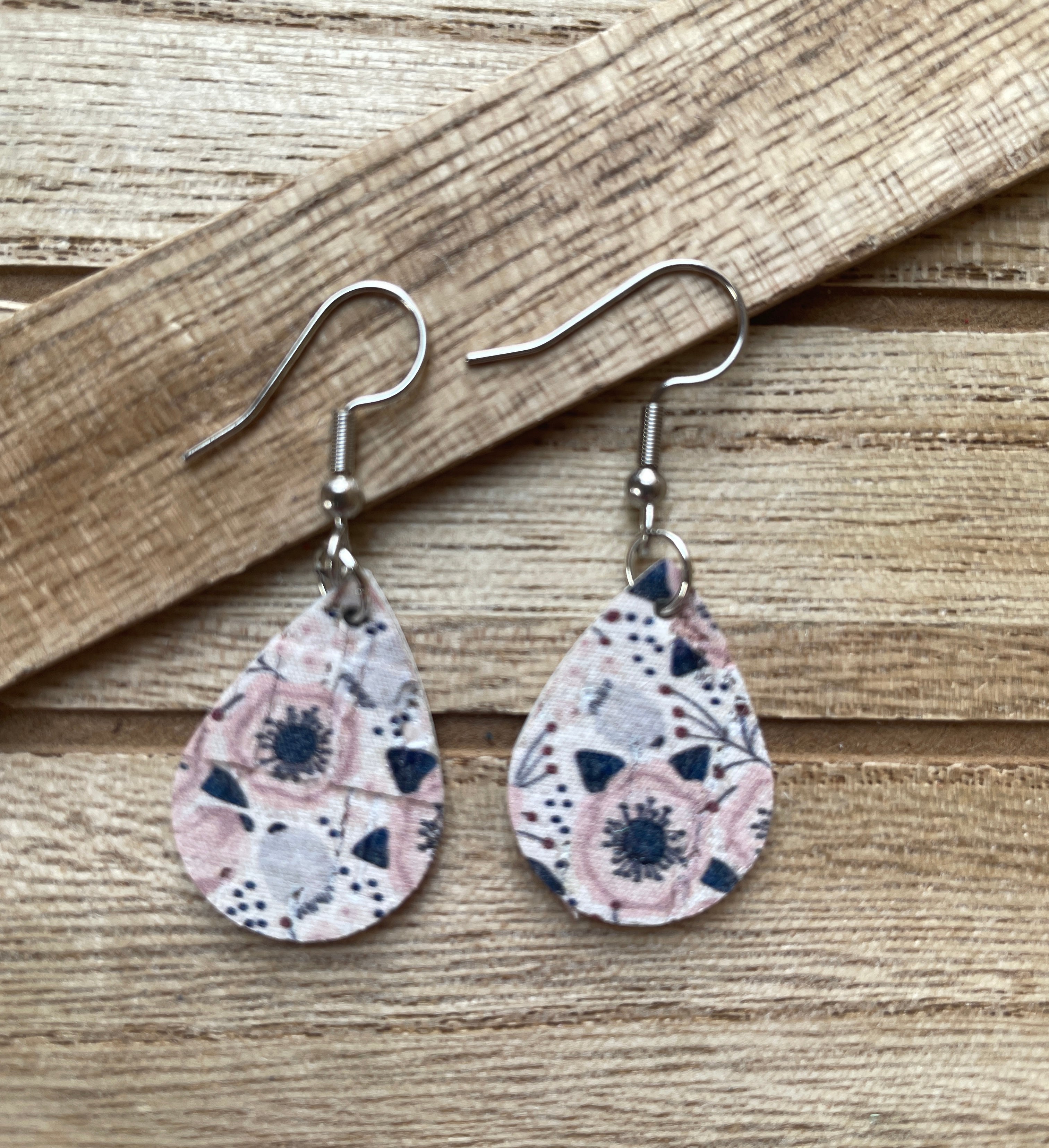 Pink and Navy Print Leather Earrings