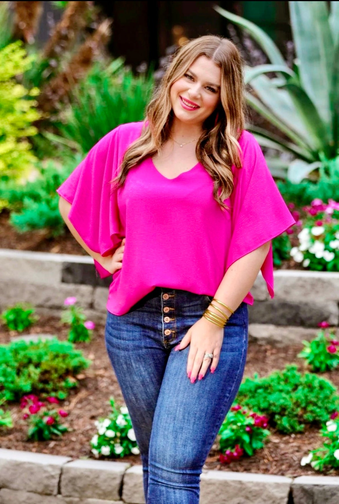 Stephanie Flutter Sleeve Top in Magenta