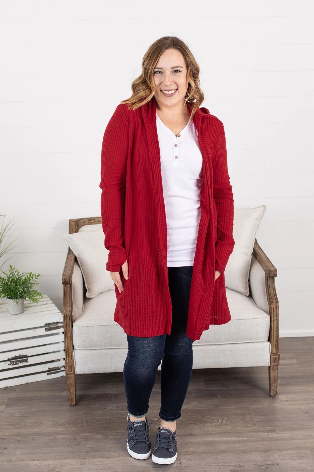 Claire Hooded Waffle Cardigan in Red