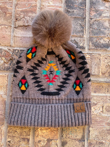 Aztec Beanie with Fur Pom in Taupe
